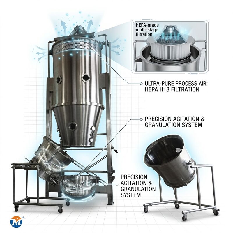 High Efficiency Fluid Bed Dryer 20-30 Min Per Batch 500kg Round Bed Stirrer